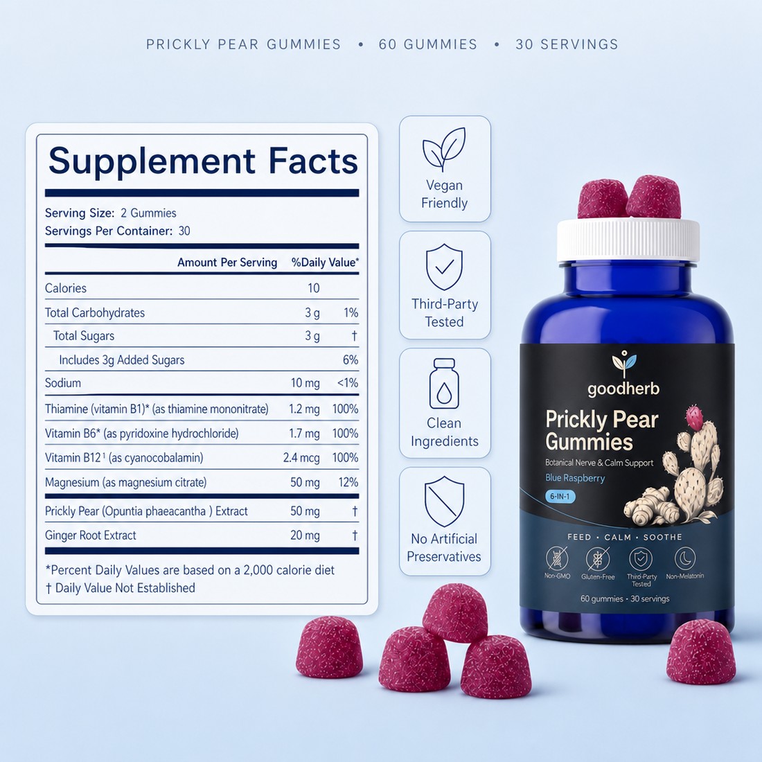 Supplement Facts — Prickly Pear Gummies, 60 gummies, 30 servings, Vegan Friendly, Third-Party Tested, Clean Ingredients, No Artificial Preservatives