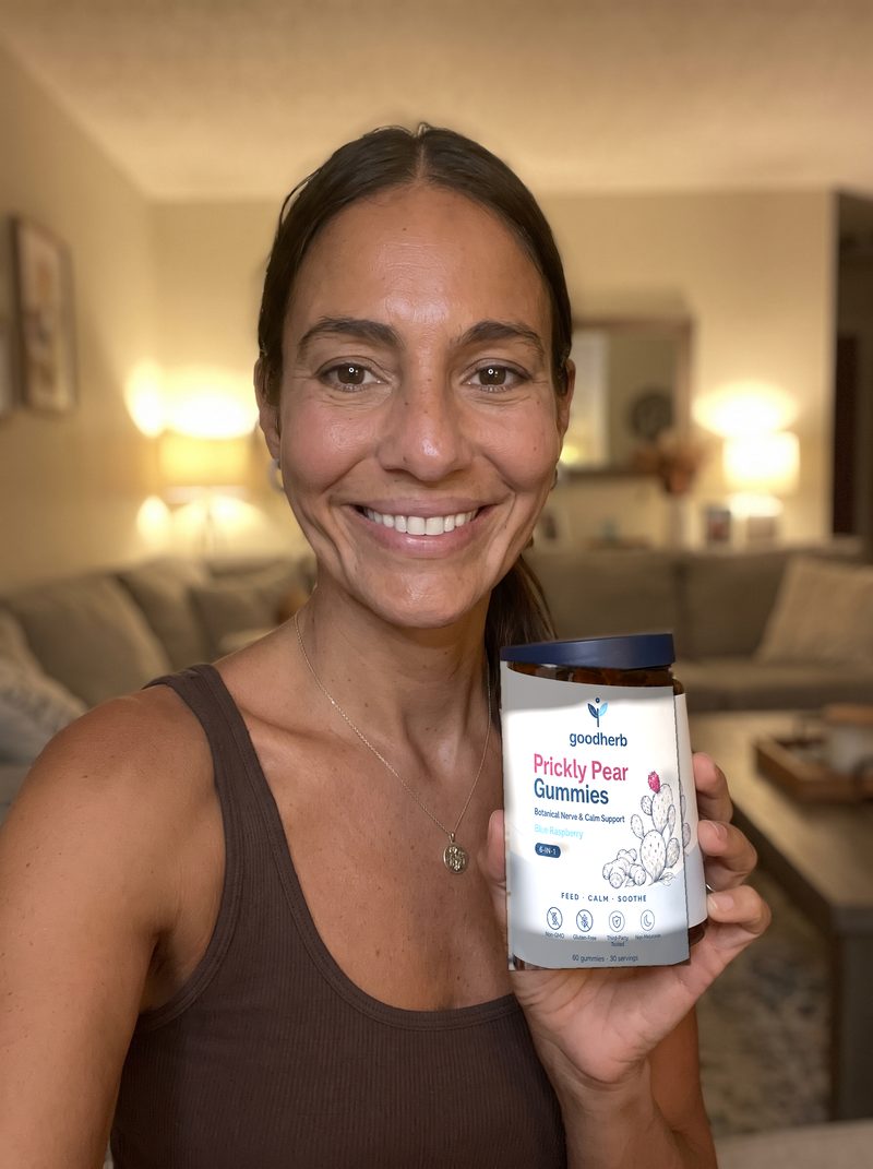 Emma J. holding Goodherb Prickly Pear Gummies