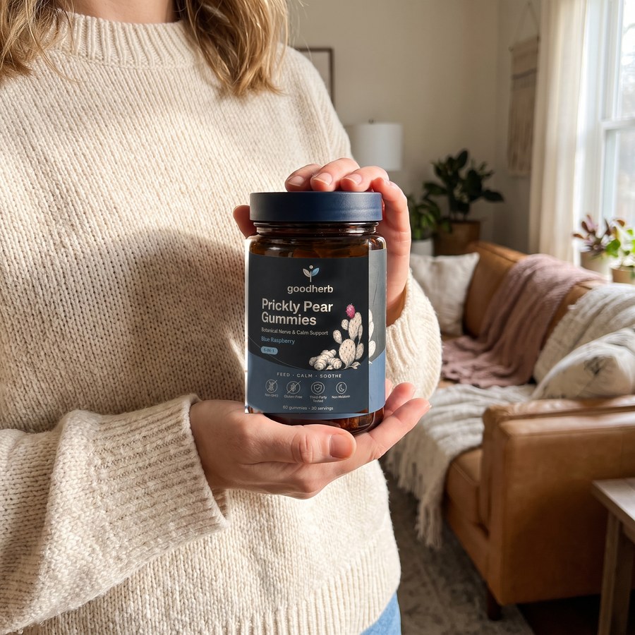 Person holding Prickly Pear Gummies by Goodherb bottle