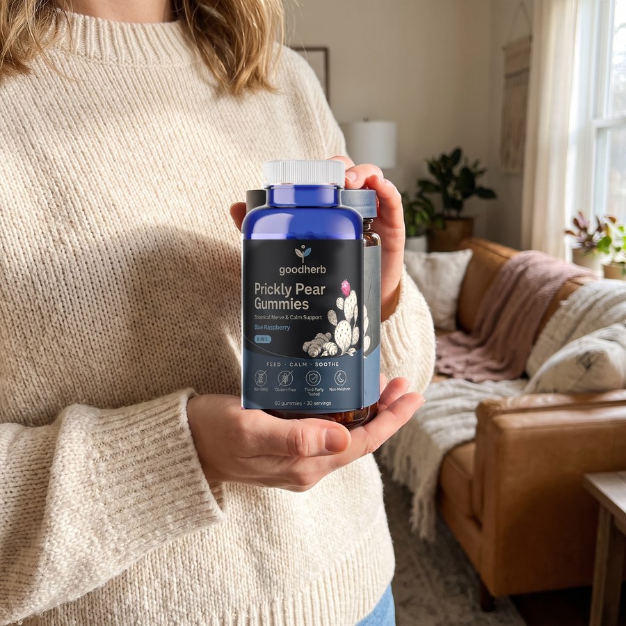 Person holding Prickly Pear Gummies by Goodherb bottle