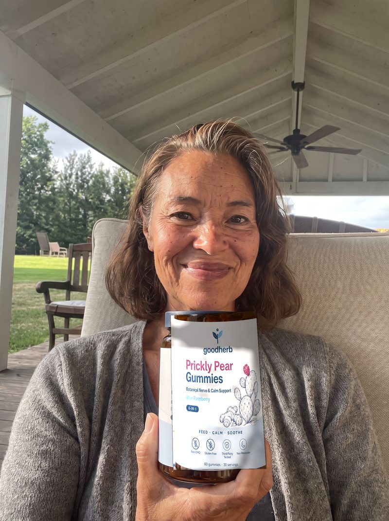 Karen H. holding Goodherb Prickly Pear Gummies