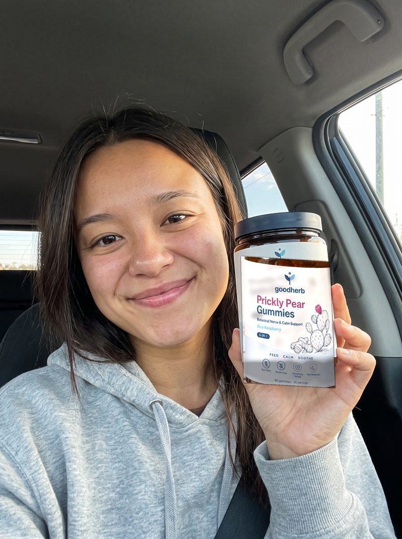 Kayla Z. holding Goodherb Prickly Pear Gummies