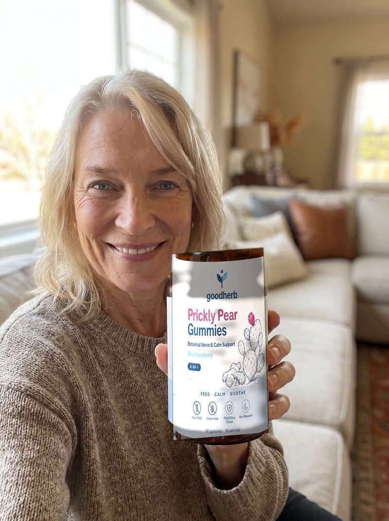 Linda R. holding Goodherb Prickly Pear Gummies