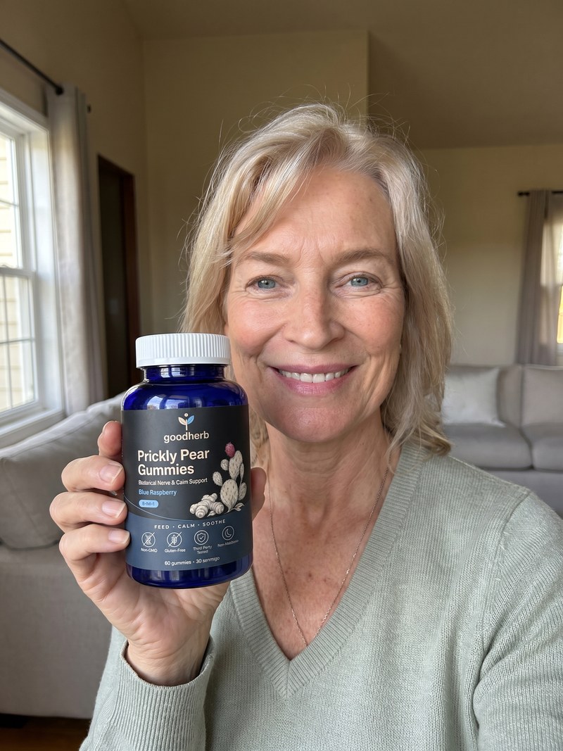 Linda R. holding Goodherb Prickly Pear Gummies