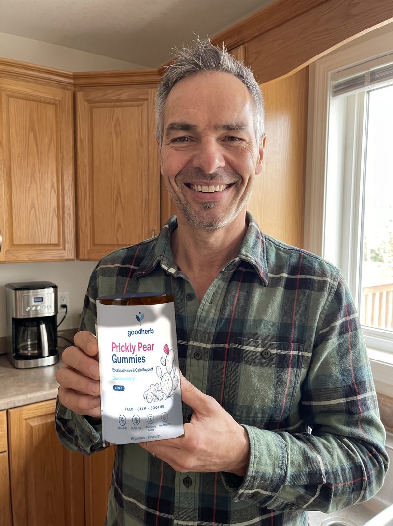 Robert M. holding Goodherb Prickly Pear Gummies