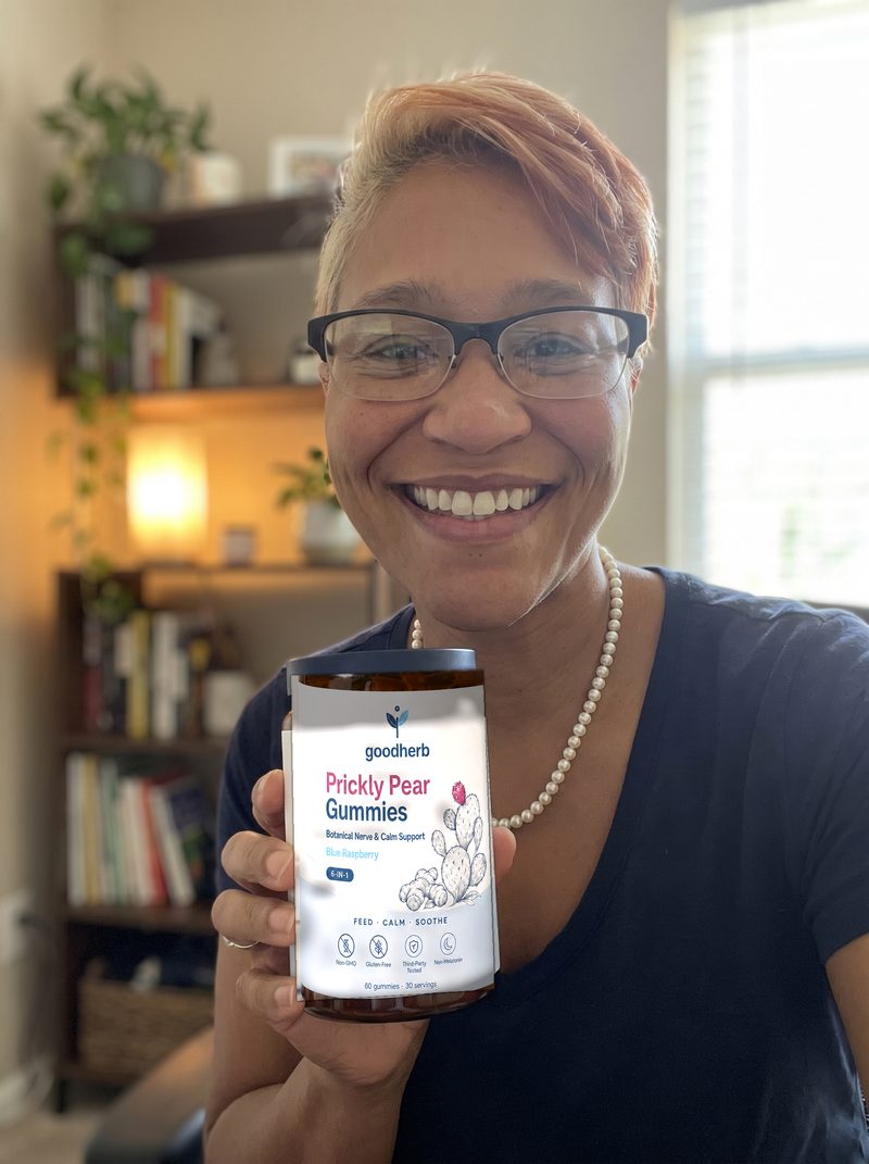 Susan L. holding Goodherb Prickly Pear Gummies